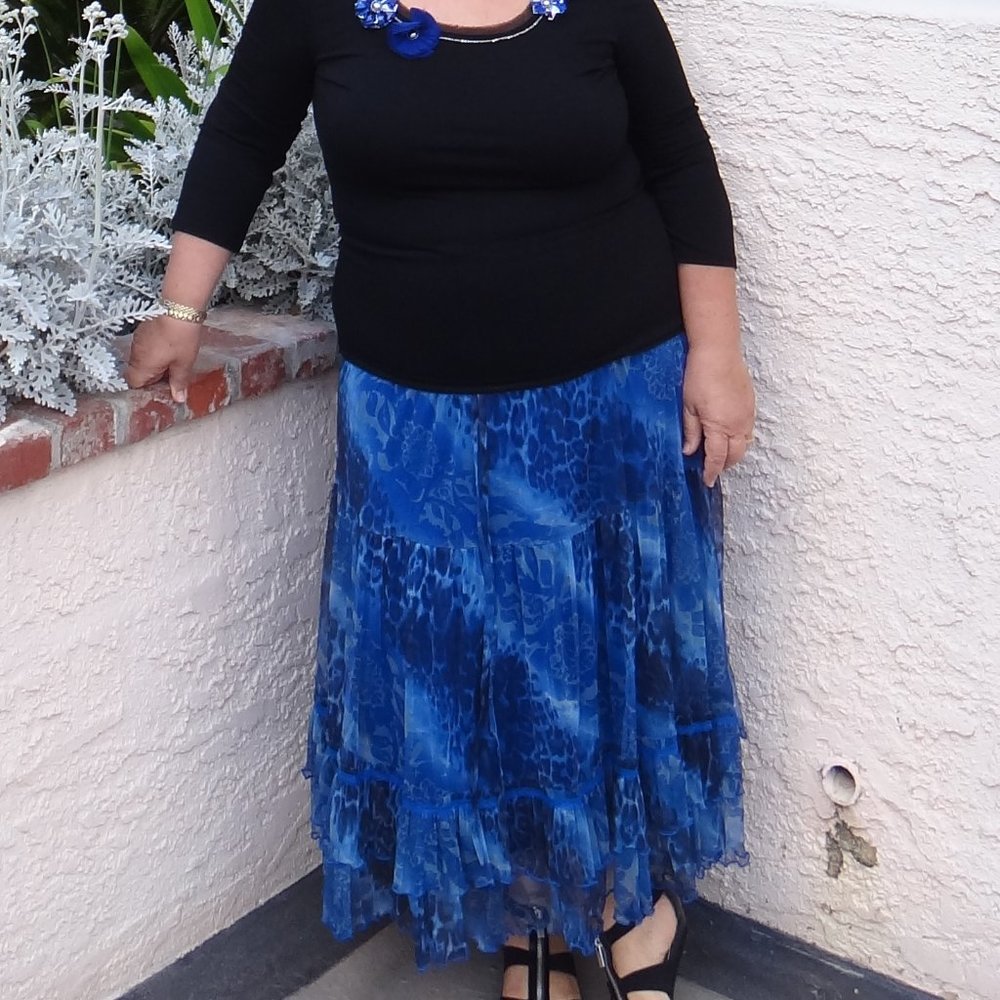 Blue Stretch sheer midi A-Line skirt with ruffle